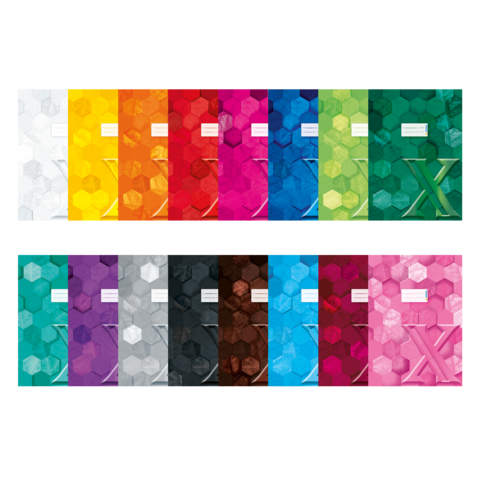 Eine Reihe von Notizheften in verschiedenen Farben, angeordnet in zwei Reihen, mit geometrischen Mustern und einem großen "X" auf einigen Covern.