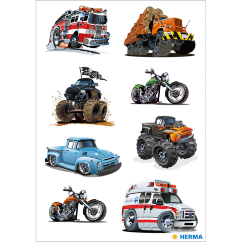 Verschiedene Fahrzeuge, darunter ein Feuerwehrauto, ein Holztransporter, ein Monstertruck, Motorräder, ein Oldtimer und ein Krankenwagen.