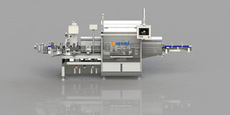 A modern labelling machine with a control panel, designed for industrial applications. It features various components and conveyor belts.