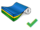 Colorful, rolled paper with blue, yellow, and green stripes, next to it a green checkmark.