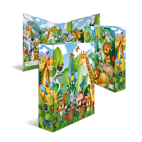 Bunte Tierillustrationen mit Giraffen, Zebras, Vögeln und anderen Tieren in einer lebhaften Dschungelumgebung.