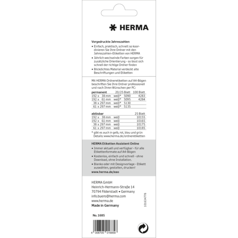 Vorgedruckte Jahreszahlen auf einem Etikettenblatt von HERMA, mit Informationen zu Größen und Anwendungshinweisen.
