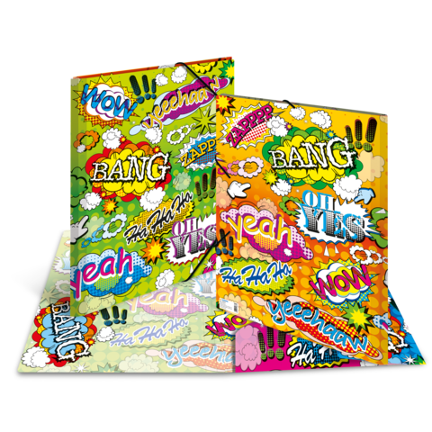 Bunte Notizbücher mit Comic-ähnlichen Ausdrücken wie "BANG", "WOW" und "OH YES" auf dem Cover, in verschiedenen Farben und Designs.