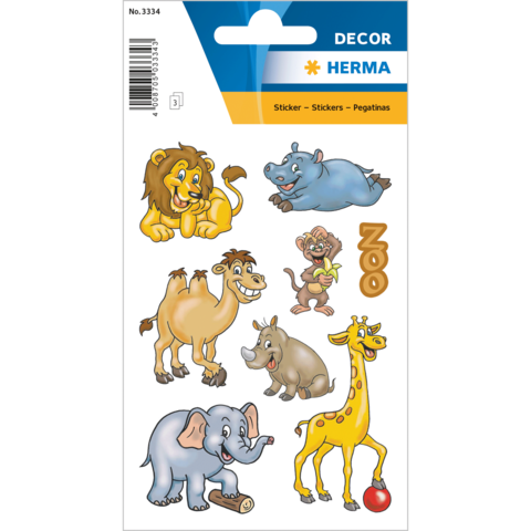 Bunte Tieraufkleber mit einem Löwen, Nilpferd, Affen, Kamel, Elefanten und einer Giraffe, sowie dem Wort "Zoo".