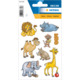 Bunte Tieraufkleber mit einem Löwen, Nilpferd, Affen, Kamel, Elefanten und einer Giraffe, sowie dem Wort "Zoo".