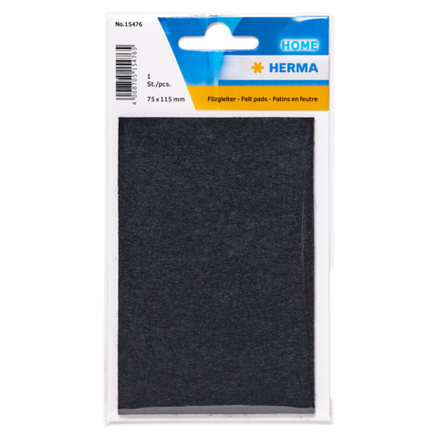 Filzgleiter in schwarzer Farbe, verpackt in einer transparenten Blisterverpackung. Maße: 75 x 115 mm.