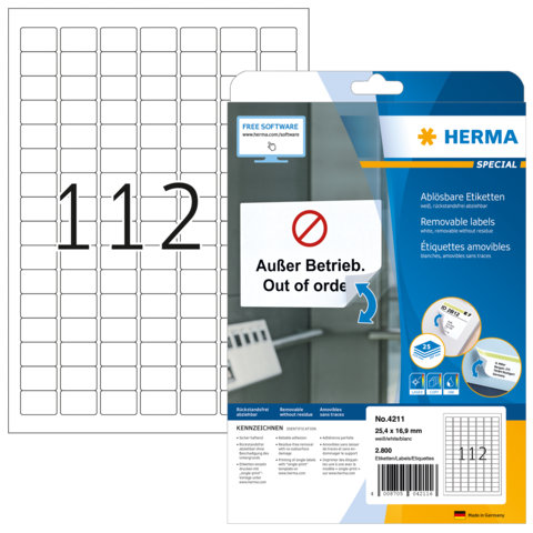 Packung mit ablösbaren Etiketten, die die Aufschrift „Außer Betrieb“ und die Nummer „112“ zeigt. Enthält 2.000 Etiketten.