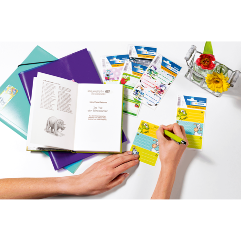 Eine Hand schreibt in ein Notizbuch, umgeben von bunten Aufklebern und einem Blumenarrangement. Ein offenes Buch mit Illustrationen ist sichtbar.