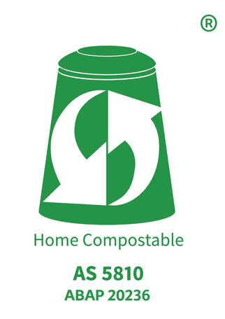 Green symbol for compostable products with the labels 'Home Compostable,' 'AS 5810,' and 'ABAP 20236.
