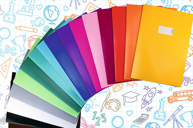 Colorful folders arranged in a semicircle, set against a background featuring various school and office symbols.