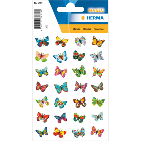 Bunte Schmetterlingsaufkleber in verschiedenen Designs und Farben auf einem weißen Hintergrund, verpackt in einer transparenten Hülle.
