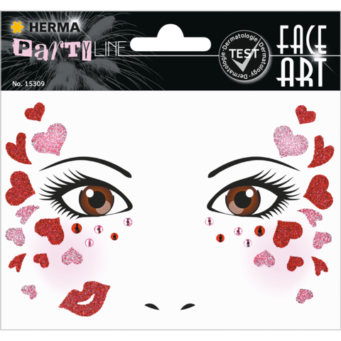Gesichtsmalset mit braunen Augen, glitzernden Herzen in Rot und Pink sowie Strasssteinen, ideal für festliche Anlässe.