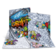 Bunte Graffiti-Kunst auf einer dreidimensionalen Wand, die verschiedene Figuren und Designs zeigt, vor einem Backstein-Hintergrund.