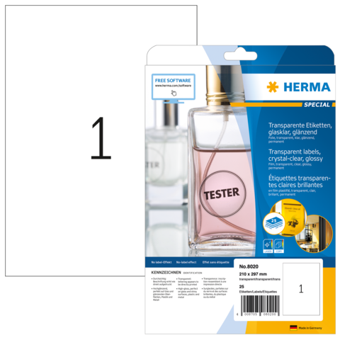 Transparente Etikettenpackung von Herma, mit der Aufschrift "Tester" und Informationen zu den Etiketten.