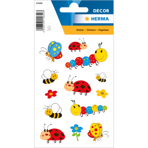 Bunte Aufkleber mit Marienkäfern, Raupen, Bienen und Blumen in verschiedenen Farben und Designs. Ideal für Bastelprojekte.