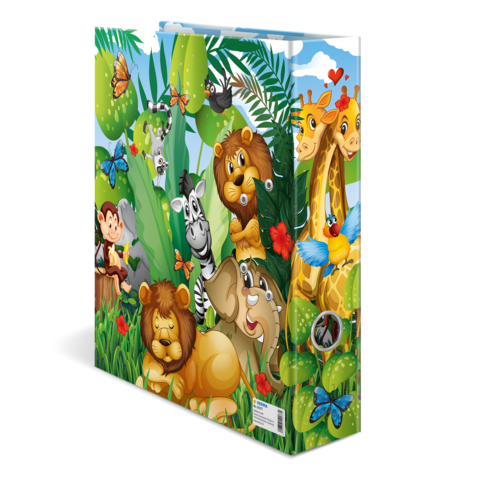 Bunte Tierillustrationen mit Löwen, Giraffen, Zebras und einem Affen in einer Dschungelumgebung.