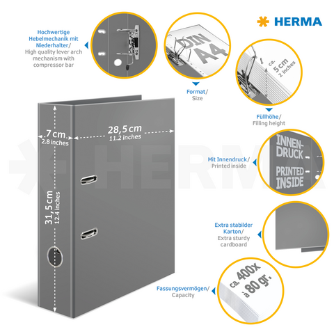 Gray binder with a high-quality lever mechanism, A4 size, 7 cm spine width, capacity for 400 sheets, made of extra sturdy cardboard.