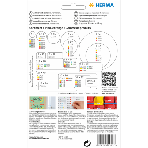 Produktübersicht mit verschiedenen Etikettenformaten und Anwendungshinweisen von HERMA. Enthält QR-Code und mehrsprachige Informationen.
