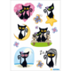 Kätzchen-Sticker in verschiedenen Posen: zwei schwarze Katzen mit großen Augen, umgeben von Blumen, Herzen, Sternen und einer Bank.