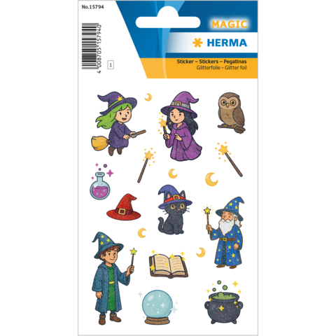 Magical stickers featuring witches, an owl, potions, a black cat, a spellbook, and a crystal ball.
