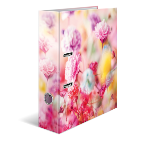 Ein Ordner mit einem bunten Blumenmuster in Rosa, Lila und Gelb, der auf einer Seite steht.