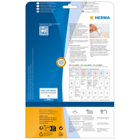 Rückseite einer Verpackung mit Anweisungen und Informationen zu HERMA Etiketten, einschließlich QR-Code und Hinweis auf kostenlose Software.