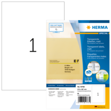 Transparente Etiketten von Herma, Größe 210 x 297 mm, mit Informationen zu Software und Anwendungshinweisen auf der Rückseite.