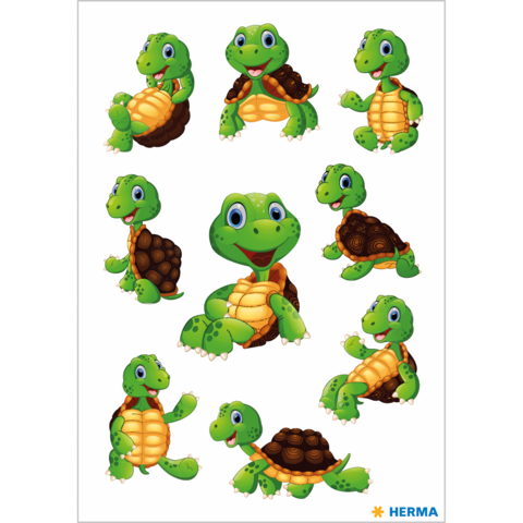 Neun verschiedene grüne Schildkrötenfiguren in unterschiedlichen Posen und Ausdrücken, einige mit braunem Panzer.