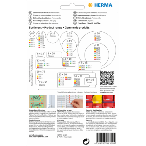 Produktübersicht von HERMA mit verschiedenen Etikettenformaten und Anwendungshinweisen in mehreren Sprachen.