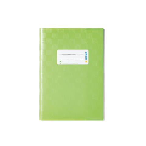 Ein grünes Notizbuch mit einem weißen Etikett auf der Vorderseite, das Platz für Beschriftungen bietet.
