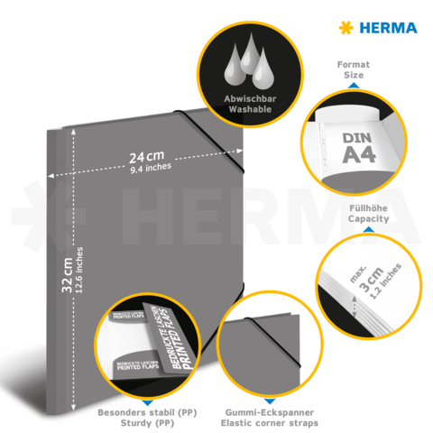 Grauer Ordner mit elastischen Ecken, abwischbar, für DIN A4, Maße 24 cm x 32 cm, mit Füllhöhe von bis zu 3,1 Zoll.
