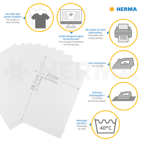Transfer paper for textiles, printable with inkjet printers. Includes protective paper, washable at 40°C, suitable for both light and dark fabrics.