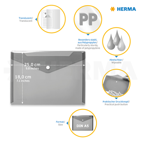 Transparent A5 sleeve made of polypropylene, wipeable, with a practical snap button. Dimensions: 25 cm x 18 cm. Ideal for documents.