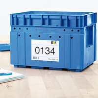 Universal label stuck on blue box