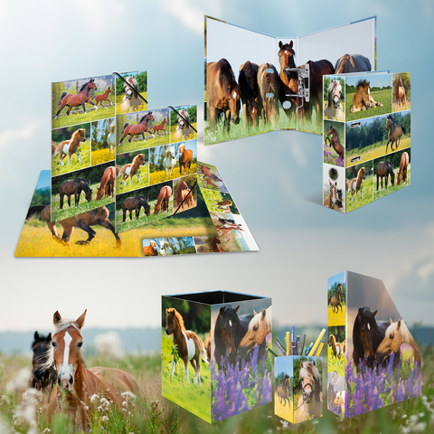 Various products featuring horse motifs, including a folding book, a storage box, and a pencil holder, surrounded by a green meadow.