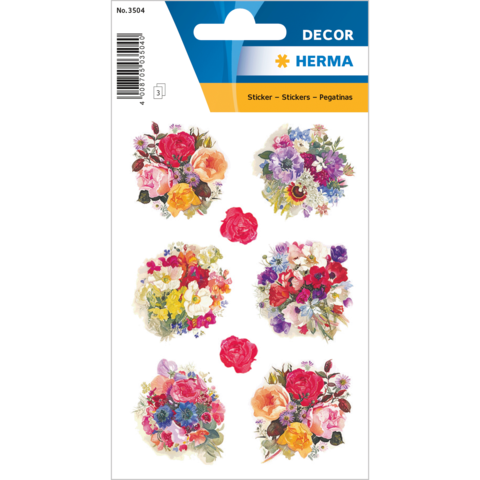 Bunte Blumenaufkleber in verschiedenen Designs, die auf einem Trägerblatt angeordnet sind. Ideal für Dekoration und Bastelprojekte.