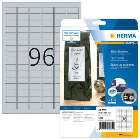 Silberne Etiketten von Herma, Packung mit 2400 Etiketten, geeignet für verschiedene Anwendungen, inklusive Softwarehinweis.