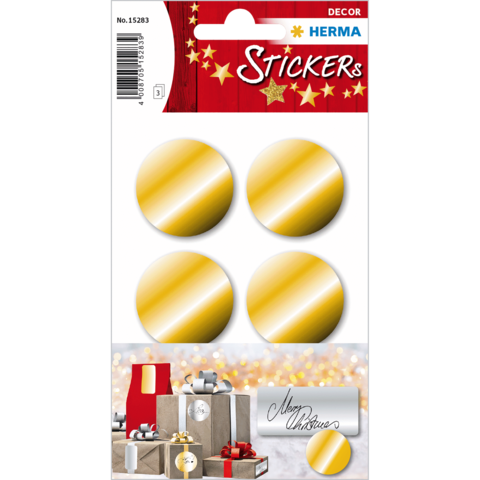 Goldene, runde Aufkleber in vier Stückzahlen auf einer Verpackung, geeignet für Dekoration oder Geschenkverpackungen.