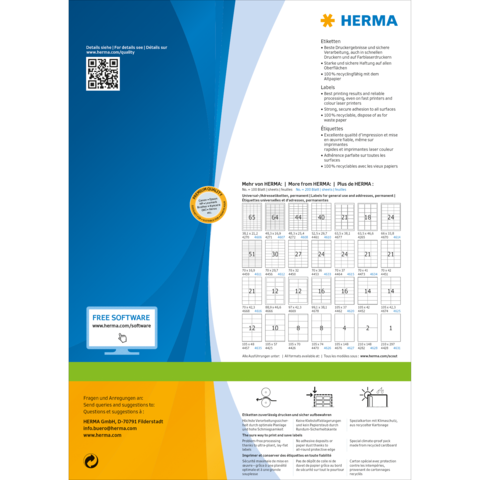 HERMA Produktinformation mit QR-Code, Software-Hinweis und einer Tabelle für Etikettenformate. Enthält Details zu HERMA-Produkten und Dienstleistungen.