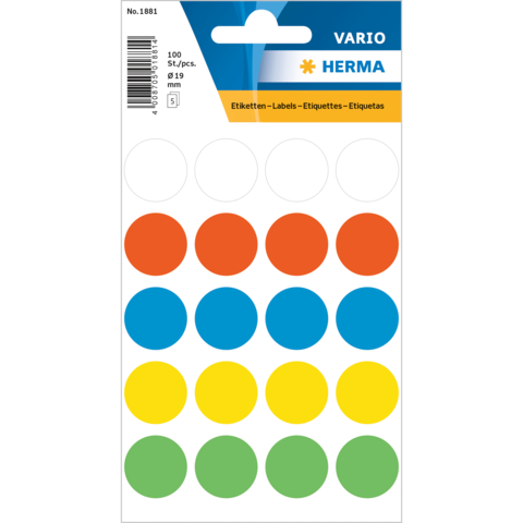 Bogen mit bunten runden Etiketten in verschiedenen Farben: rot, grün, blau, gelb, orange und weiß. 100 Stück, Durchmesser 19 mm.