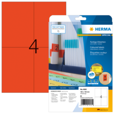 Rote Etiketten auf einer Verpackung, die die Größe 105 x 148 mm und die Nummer 4562 anzeigen. Enthält Informationen zu Software und Anwendung.