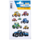 Aufkleber mit verschiedenen Traktoren in verschiedenen Farben und Designs, auf einem weißen Hintergrund angeordnet.