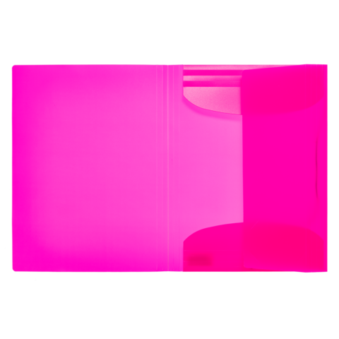Ein leuchtend pinkfarbener Ordner mit einer transparenten Vorderseite und einer glatten Oberfläche.