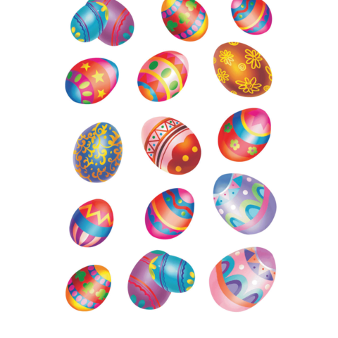 Bunte Ostereier in verschiedenen Designs und Farben, angeordnet in mehreren Reihen auf weißem Hintergrund.