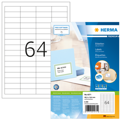 Etikettenpackung von HERMA mit 64 Etiketten, inklusive Beispiel für beschriftete Karte. Verpackungsdetails und Softwarehinweis sichtbar.