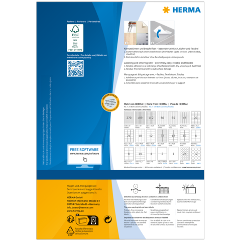 HERMA Produktinformation mit QR-Code, Anleitungen zur Verwendung und einer Übersicht über Etikettenformate sowie einem Hinweis auf kostenlose Software.