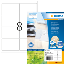 Etikettenbogen aus Recyclingpapier mit acht Etiketten, verpackt von Herma. Enthält Informationen zur Software und Verwendung.
