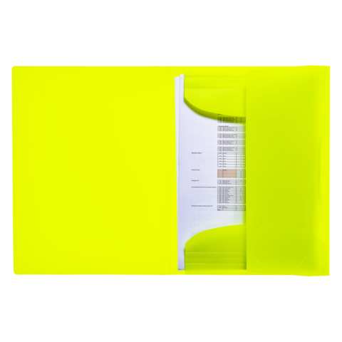Helle, transparente Ordnerhülle in Neon-Gelb mit einem sichtbaren Dokument im Inneren.