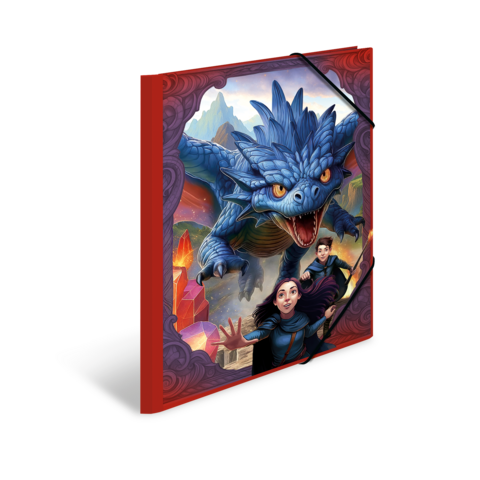 A red notebook featuring a blue dragon and two figures standing in a fantastical landscape.