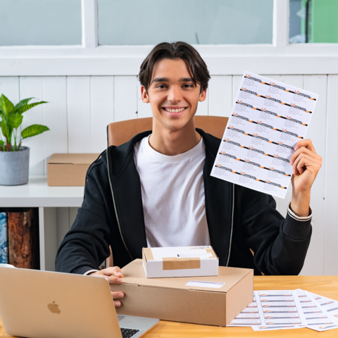 A young man is sitting at a table, holding a sheet of stickers in his hand and smiling. On the table, there is a laptop and a cardboard box.